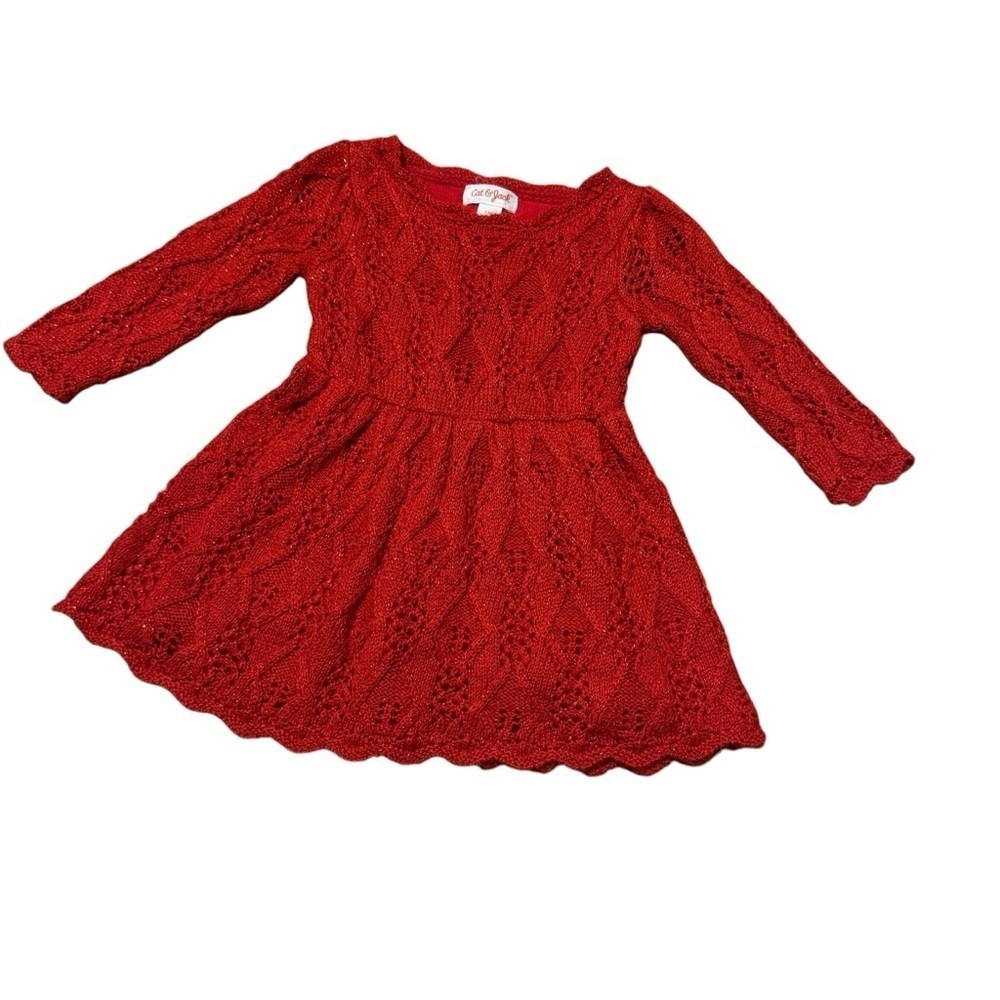 Cat & Jack Red Christmas Knit sweater Dress Open Knit Baby Girl 12M
